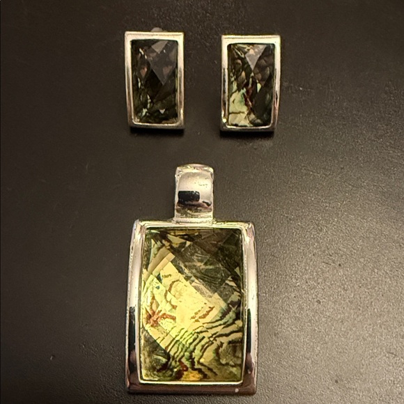 Vintage Pendant Silver tone Rectangular Abalone Silver Tone & Earrings - Picture 1 of 3